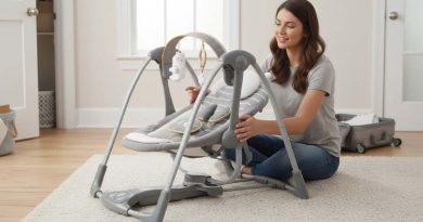 Mother folding the compact Ingenuity Swing ‘n Go Deluxe portable baby swing for easy storage and travel