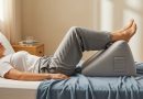 A person lying on their back with legs elevated on a wedge pillow to improve blood flow and reduce ankle swelling