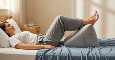A person lying on their back with legs elevated on a wedge pillow to improve blood flow and reduce ankle swelling