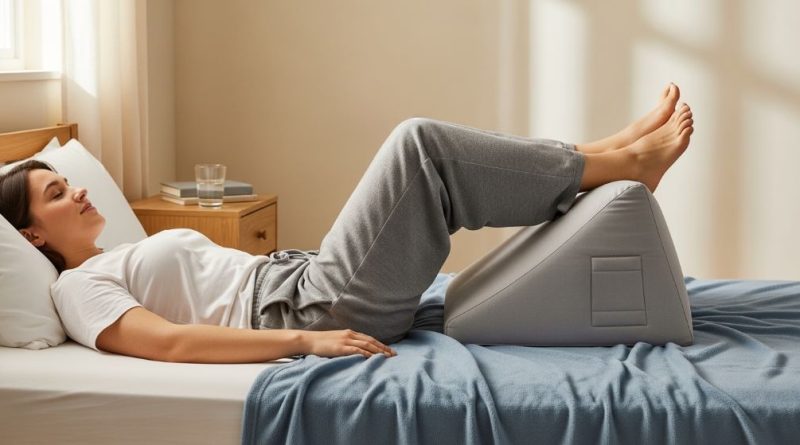 A person lying on their back with legs elevated on a wedge pillow to improve blood flow and reduce ankle swelling