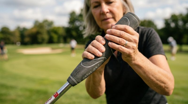 Close-up of an oversized soft golf grip designed for arthritis pain relief on a golf club