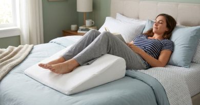 Person lying on their back with legs resting on a white foam wedge leg elevation pillow on a bed