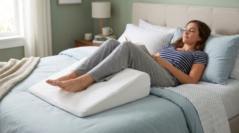 Person lying on their back with legs resting on a white foam wedge leg elevation pillow on a bed